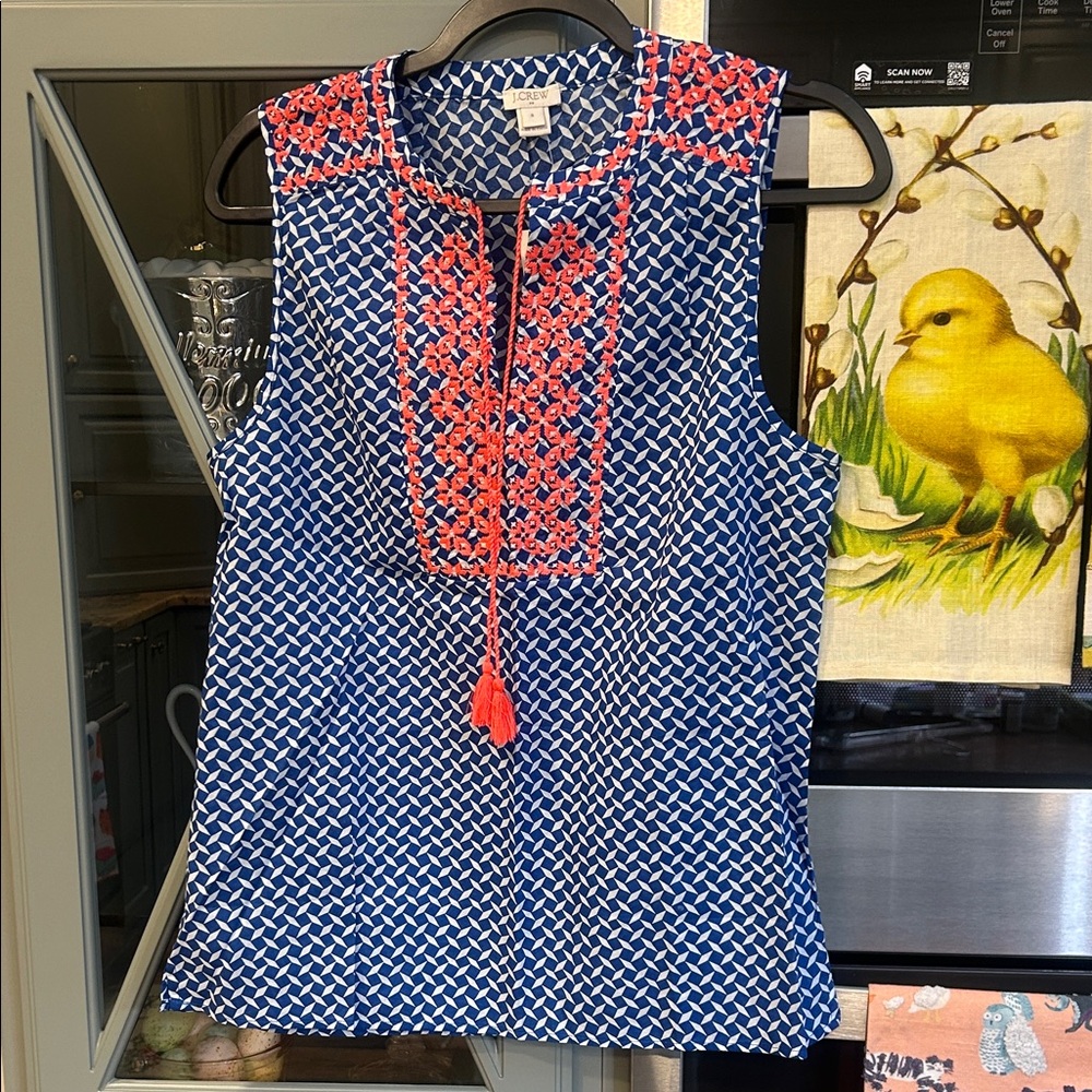 J. Crew Blue and Neon Cotton Embroidered Patterned Sleeveless Blouse 6